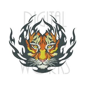 Design de bordado de máquina Tiger Flames para molduras 4x4, 5x7, 6x10 polegadas. Download instantâneo de arquivo digital. Cara de Tigre Flamejante
