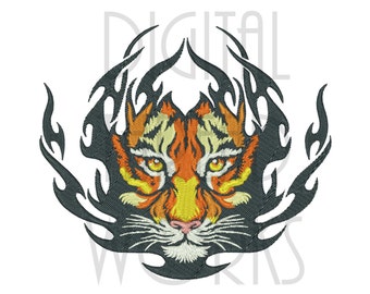Diseño de bordado a máquina de cara de tigre en llamas (descarga digital)