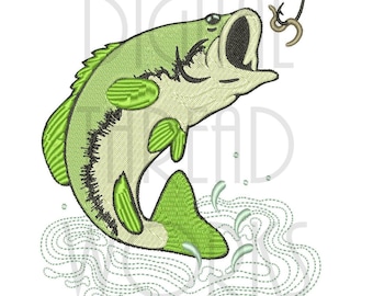 Diseño de bordado de lubina de boca grande, patrón de pesca (descarga digital)