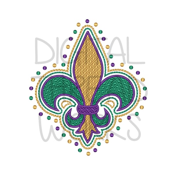 Mardi Gras Fleur De Lis borduurontwerp met getextureerde stiksels. Maten 4x4 5x7 en 6x10 inch hoepels. Directe download. ITEM# MGFDLTS