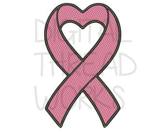 Breast Cancer Awareneness Pink Ribbon Heart Symbol Embroidery Machine pattern. 4x4 5x7 6x10 hoop sizes, textured stitching design.