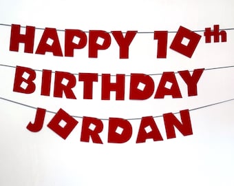 Roblox-style Happy Birthday banner, customize with name and year for a good game!  Don't be bloxxed, perfect for your Robloxian!