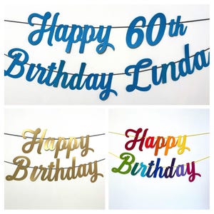 ¡Banderín de feliz cumpleaños en cursiva en varios colores o dorado ensartado en cordón multicolor! Cartulina con brillantina, personalícelo con nombre y edad.