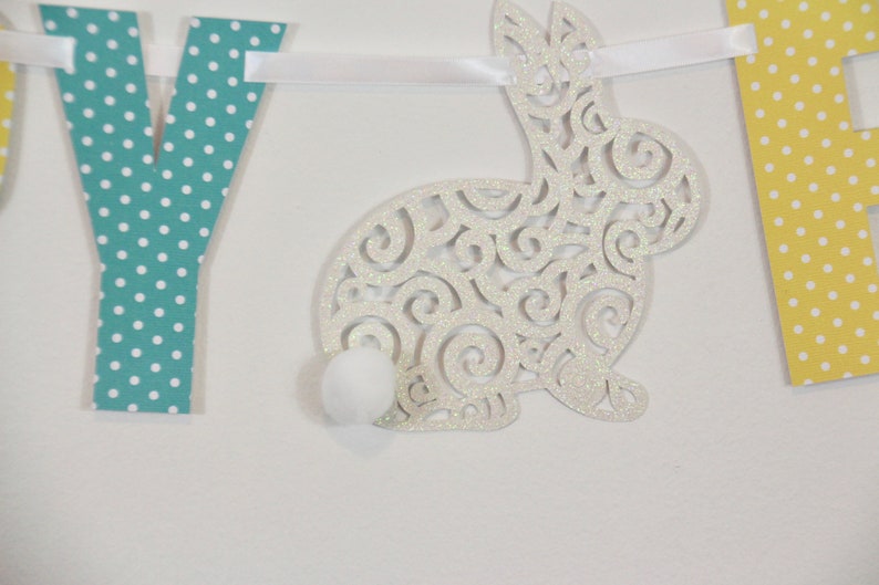 Happy Easter Banner in pastels with cute white Easter Bunny!