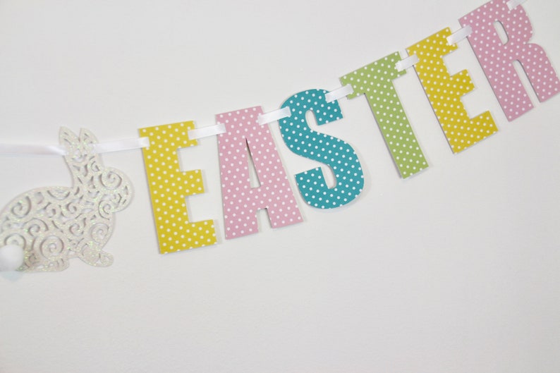 Happy Easter Banner in pastels with cute white Easter Bunny!