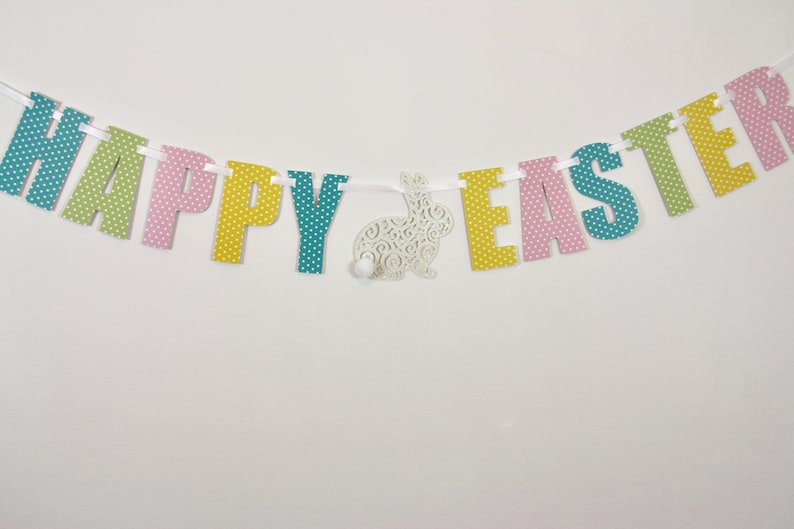 Happy Easter Banner in pastels with cute white Easter Bunny!