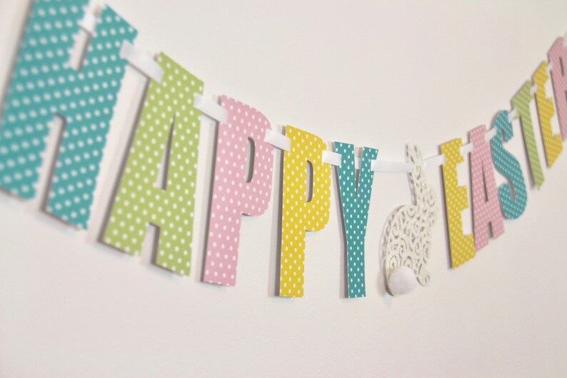 Happy Easter Banner in pastels with cute white Easter Bunny!