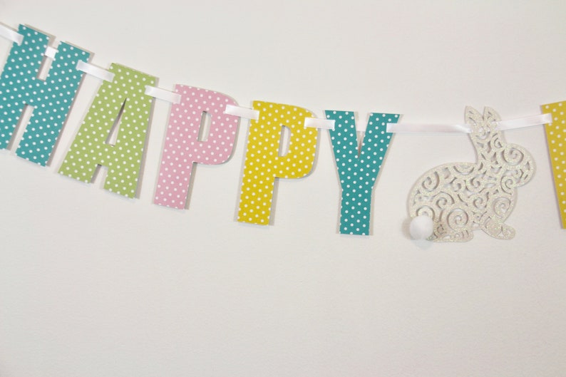 Happy Easter Banner in pastels with cute white Easter Bunny!