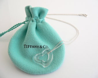 Tiffany And Co Silver Large Rock Crystal Open Heart Necklace Pendant Gift Pouch