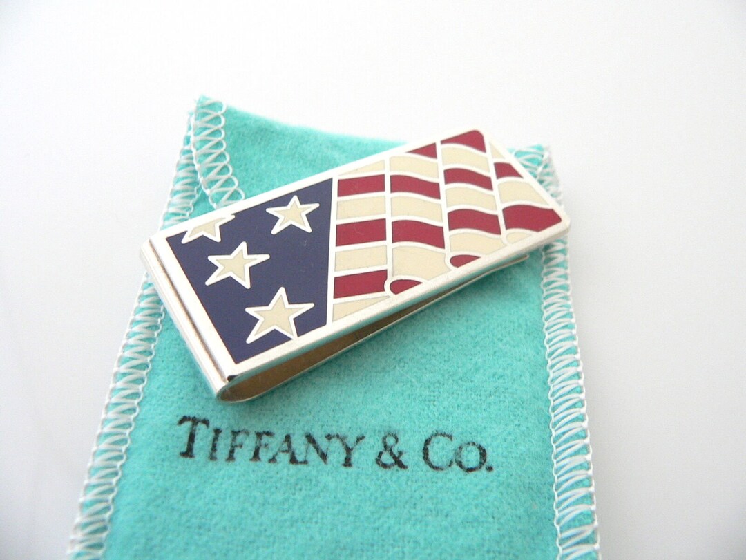 Tiffany and Co Silver Flag Money Clip Red White Blue Enamel