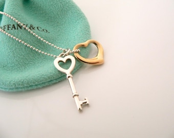 Tiffany Co Silver 18K Gold Open Heart Key Necklace Pendant Charm Chain Gift Love