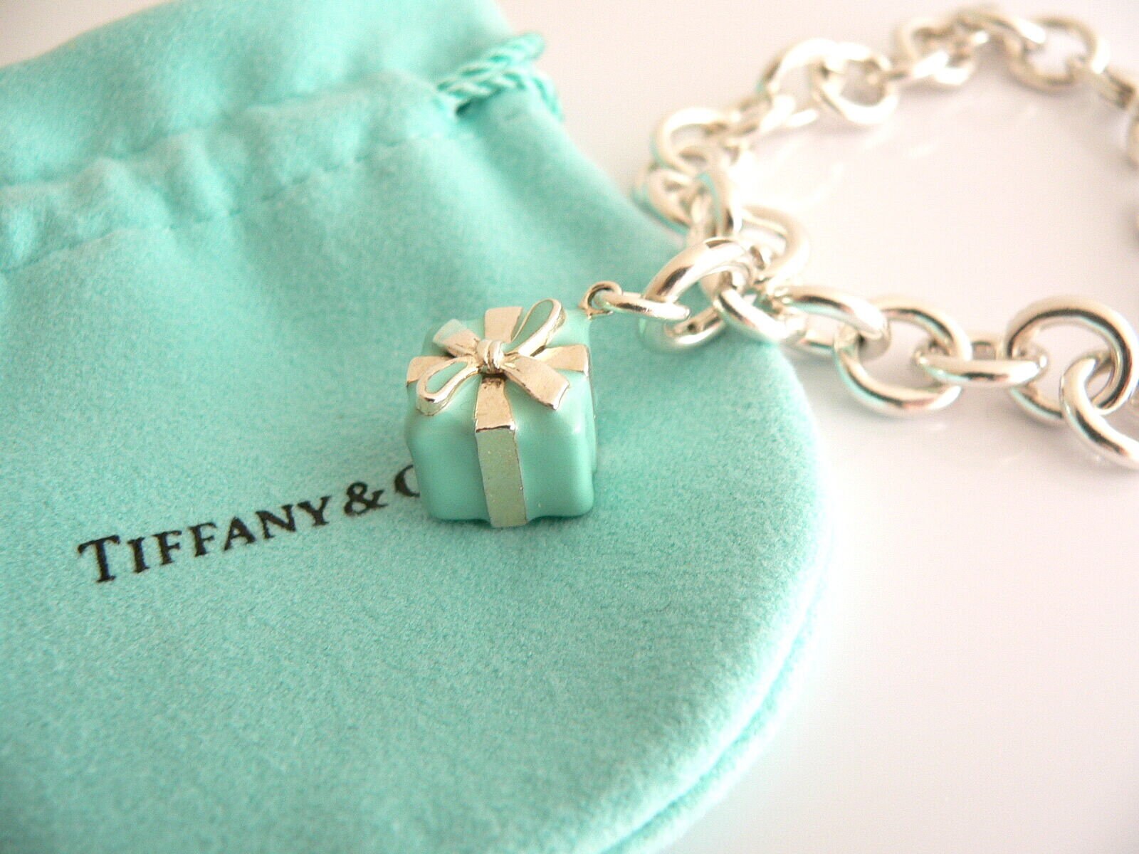 Tiffany & Co Silver Blue Enamel Shopping Bag Necklace Charm Pendant Gift Pouch