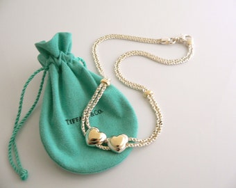Tiffany And Co Silver 18K Gold Double Rope Sliding Puff Heart Necklace Charm Love