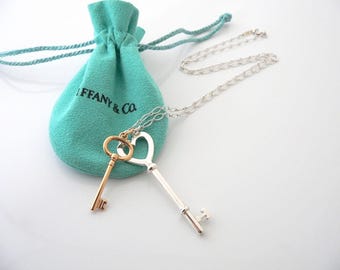 Tiffany Co Silver 18K Heart Key Necklace Rose Gold Oval Pendant Charm 18 Inch Long Length Chain Gift for Her Anniversary Christmas Birthday