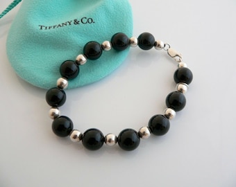 Tiffany And Co Silver Onyx Ball Bead Bracelet Bangle Chain 7.5 In Gift Pouch Love