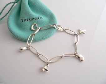 Tiffany & Co Silver Elsa Peretti Dove Heart Bean Star 5 Charm Dangle Bracelet Bangle Pouch Gift Love