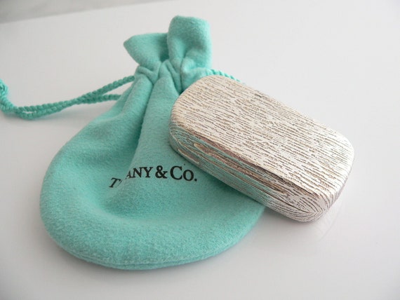 Tiffany & Co Wood Textured Pill Box Silver Rectangle Hinge