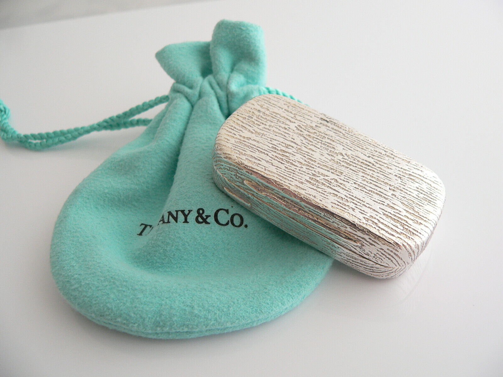 Tiffany & Co Wood Textured Pill Box Silver Rectangle Hinge