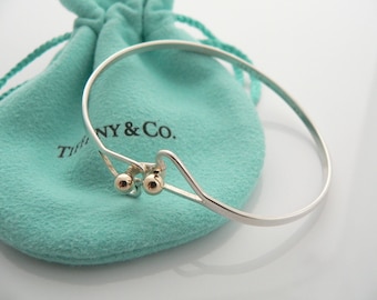 Tiffany And Co Silver 18K Gold Ball Double Heart Hook Bangle Bracelet Gift Pouch Love Anniversary Birthday Christmas
