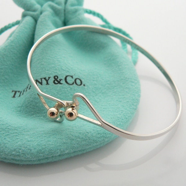 Tiffany And Co Silver 18K Gold Ball Double Heart Hook Bangle Bracelet Gift Pouch Love Anniversary Birthday Christmas
