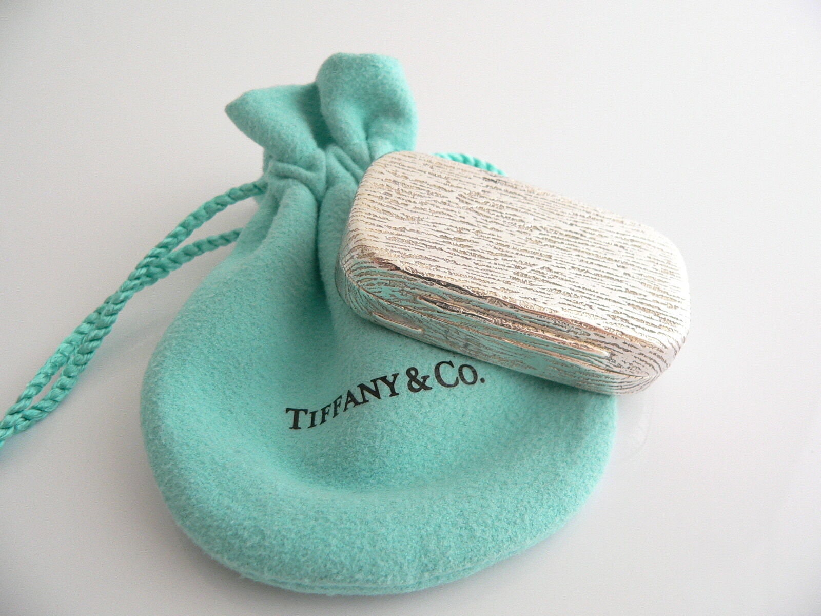 Tiffany & Co Wood Textured Pill Box Silver Rectangle Hinge
