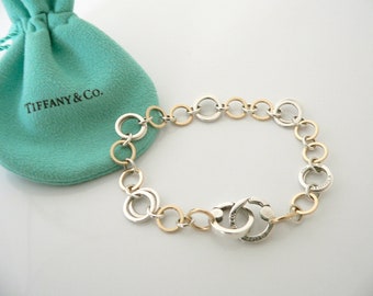 Tiffany And Co Silver 18K Gold Circles Bracelet Link Bangle 8.5 Inch Longer Length Gift Pouch