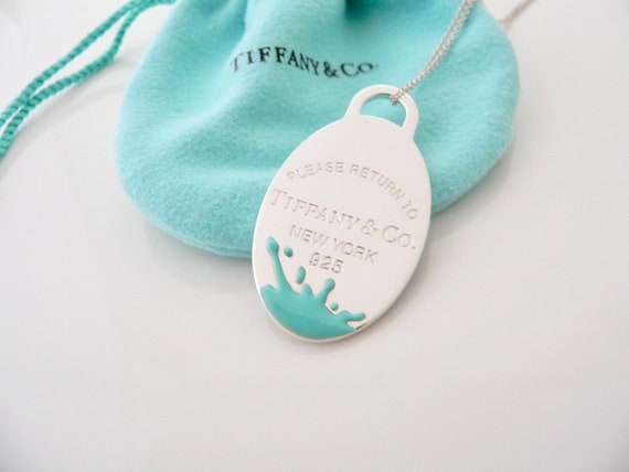 Tiffany & Co Blue Enamel Splash Oval Dog Tag Charm Necklace