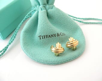 Tiffany & Co 18K Gold Signature X Earrings Studs Omega Backs Gift Pouch Box Love