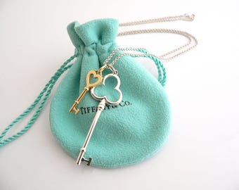 Tiffany Co Silver 18K Gold Heart Key Trefoil Necklace Pendant Charm 18 Inch Chain Gift for Her Anniversary Christmas Birthday Valentines