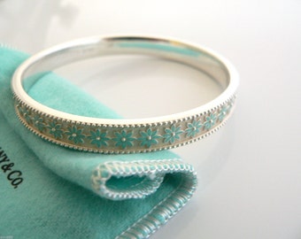 Tiffany & Co Silver Blue Turquoise Enamel Nature Flower Daisy Bangle Bracelet