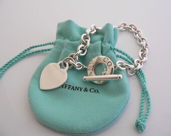 Tiffany & Co Heart Toggle Charm Bracelet Bangle 8 Inch Chain Pouch Excellent