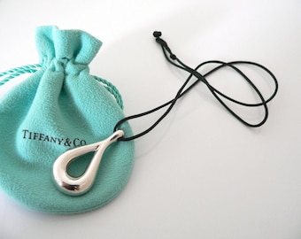 Tiffany and Co Silver Teardrop Necklace Charm Pendant Black Silk Cord 925 Sterling Love Gift for Her Anniversary Christmas Birthday