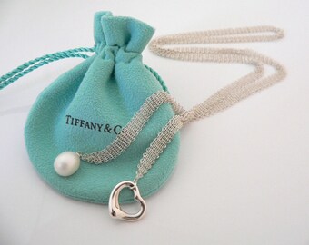 Tiffany & Co Heart Pearl Necklace Pendant Charm 25 Inch Mesh Chain Sterling 925