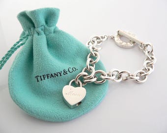 Tiffany & Co Silver Mom Heart Padlock Charm Pendant Toggle Bracelet Pouch Love Silver Jewelry Gift for Her Mothers Day Anniversary Christmas