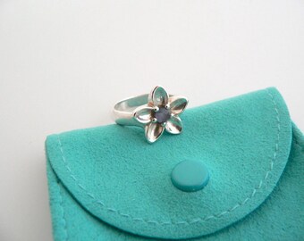 Tiffany & Co Flower Ring Band Petals Gemstone Iolite Silver Nature Sz 8.25 Gift Pouch Art Love Statement