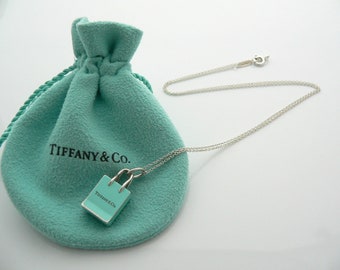 Tiffany & Co Silver Blue Enamel Shopping Bag Necklace Charm Pendant Gift for Her Pouch Anniversary Christmas Birthday Present Rare