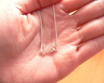 Tiffany Co Silver Kiss Love Necklace Pendant Charm Chain Gift Love Script Word Calligraphy