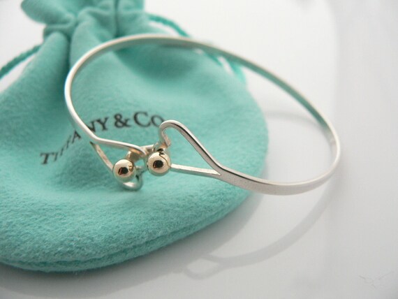 Tiffany and Co Silver 18K Gold Ball Double Heart Hook Bangle