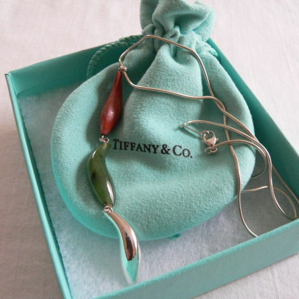 Tiffany And Co Silver Gehry Fish Jade Wood Triple Dangle Necklace Pendant Gift Art