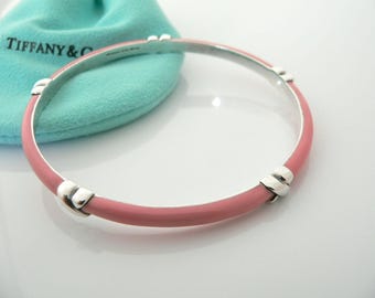 Tiffany Co Silver Pink Bangle Enamel Signature X Bracelet Rare Gift for Her Anniversary Valentines Birthday Christmas Pouch Love