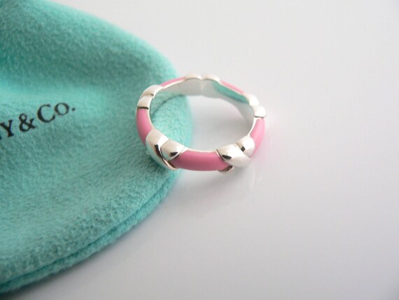 Tiffany and Co Silver Pink Enamel Signature X Stacking Ring Band