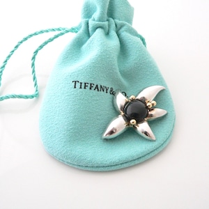 Tiffany & Co Flower Brooch Pin Silver 18K Gold Onyx Nature Lover Garden Starfish Black Gold Anniversary Christmas Birthday Gift Pouch 925