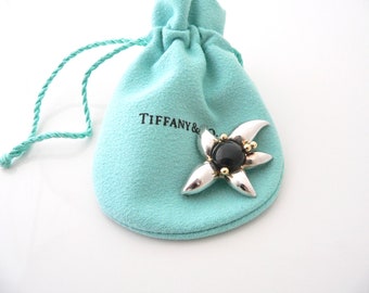 Tiffany & Co Flower Brooch Pin Silver 18K Gold Onyx Nature Lover Garden Starfish Black Gold Anniversary Christmas Birthday Gift Pouch 925
