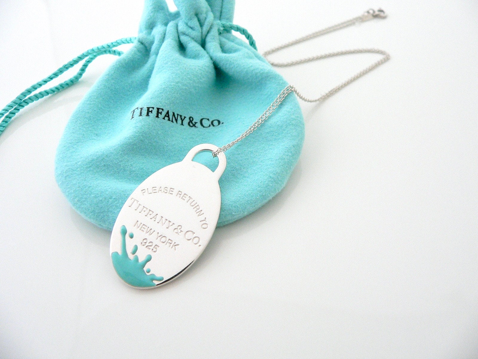 Tiffany & Co Blue Enamel Splash Oval Dog Tag Charm Necklace 