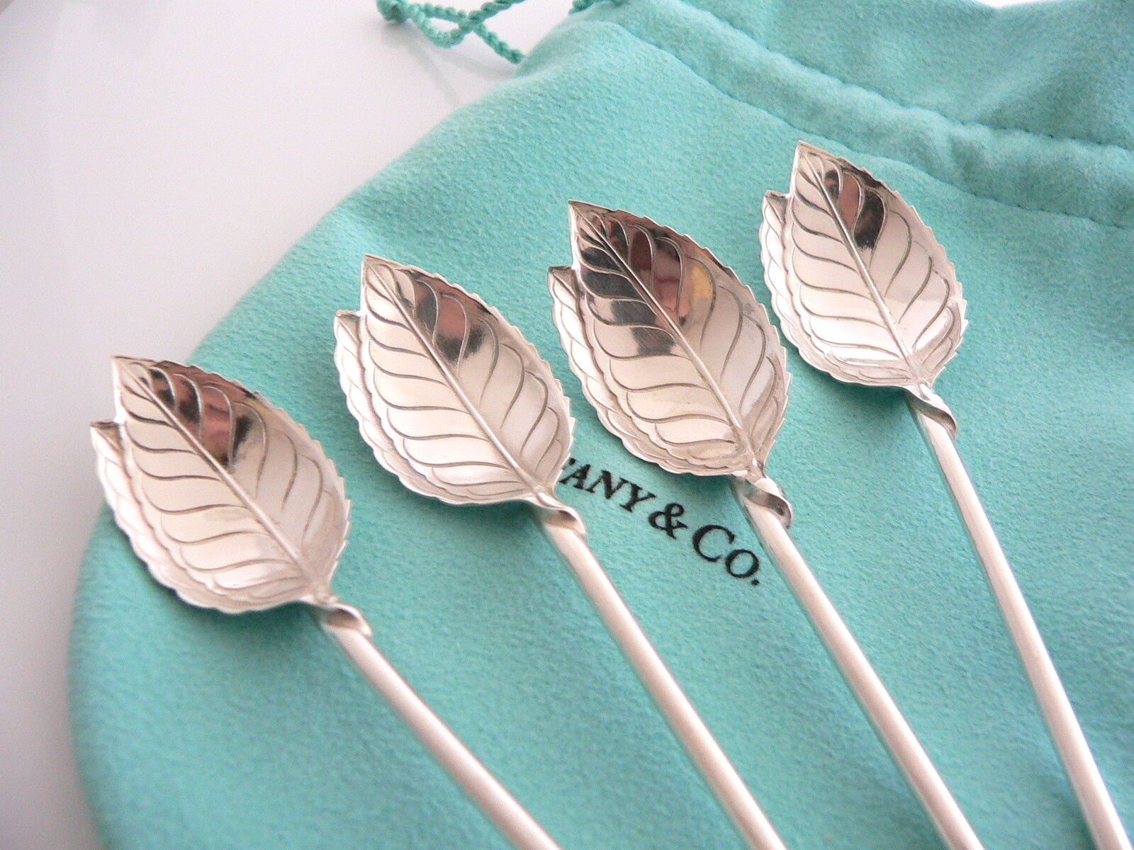 Tiffany & Co Leaf Mint Julep Iced Tea Spoon Straw Rare W/ Pouch