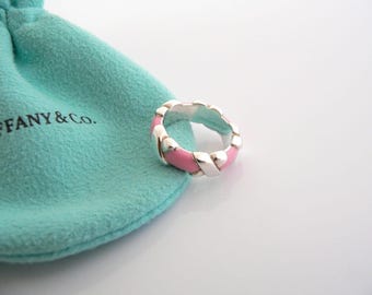Tiffany & Co Pink Enamel Signature X Ring Band Sz 4.5 Pendant Silver Gift Love Classic Statement Anniversary Birthday Ring