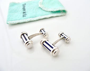 Tiffany & Co Blue Enamel Silver Atlas Cufflinks Cuff Link Pouch Man Gift Love Classic Office Anniversary Christmas Corporate Man Jewelry 925