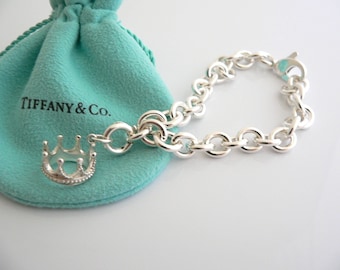 Tiffany & Co Silver Crown Charm Bracelet Princess Pendant Bangle Clasp 7.5 OR 8 Inch Long Chain Gift for Her Birthday Valentines Anniversary
