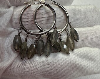 Silver Labradorite Drop Hoops
