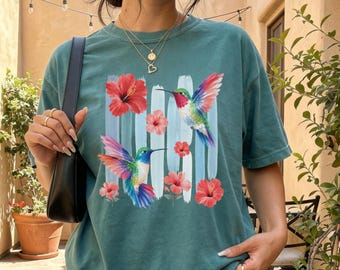 Botanical Hummingbird T-Shirt, Comfort Colors Summer Shirt, Floral Garden Lover tee, Bird Lover Gift